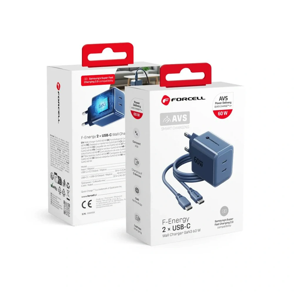 Rychlá nabíječka Forcell F-Energy GaN III 60W 2× USB-C + kabel modrá