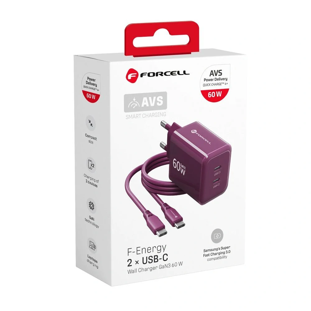 Nabíječka GaN 60W 2x USB-C Forcell F-Energy VT-60 + kabel USB-C, vínová
