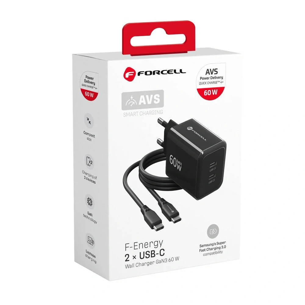 Nabíječka GaN 60W 2x USB-C Forcell F-Energy VT-60 + kabel USB-C, černá