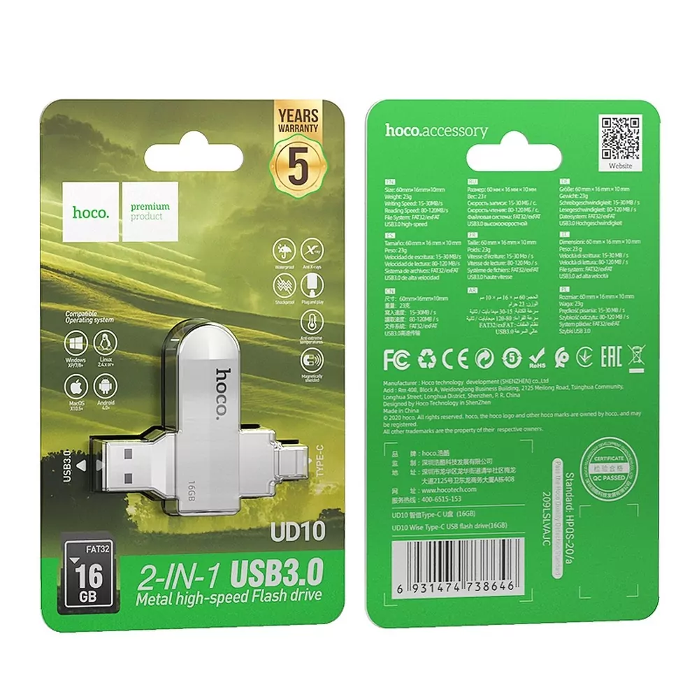 Fleška USB Flash disk HOCO UD10 s kapacitou 16 GB USB 3.0 s konektorem USB a USB-C