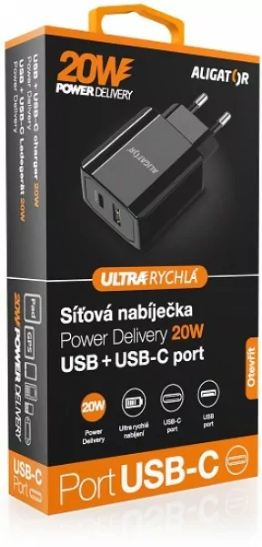 Chytrá nabíječka do sítě ALIGATOR Power Delivery 20W - USB-C + USB výstup, bez kabelu (lze použít i pro iPhone 12)