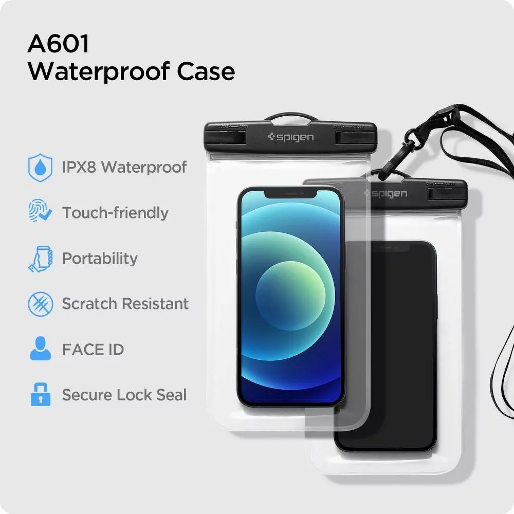 Vodotěsné pouzdro SPIGEN A601 - IPX8 pro mobily do rozměru 163 x 90 mm, 2ks v balení - čiré