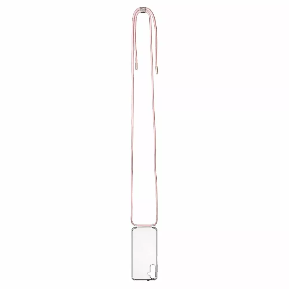 Pevné silikonové pouzdro FIXED Pure Neck Crossbody na mobil Samsung Galaxy A14 5G / LTE s popruhem přes rameno - čiré - růžová šňůrka