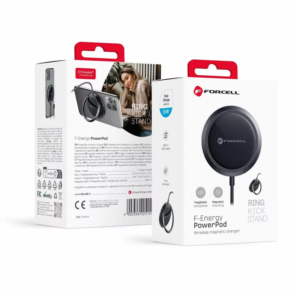 Bezdrátová indukční nabíječka - podložka FORCELL F-ENERGY PowerPod s kroužkem/stojánkem, kompatibilní s MagSafe, černá