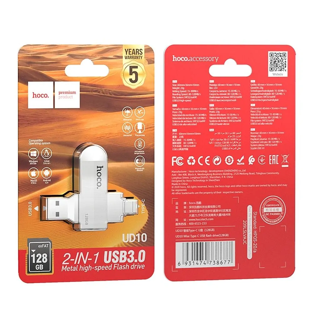 Fleška USB Flash disk HOCO UD10 s kapacitou 128 GB USB 3.0 s konektorem USB a USB-C
