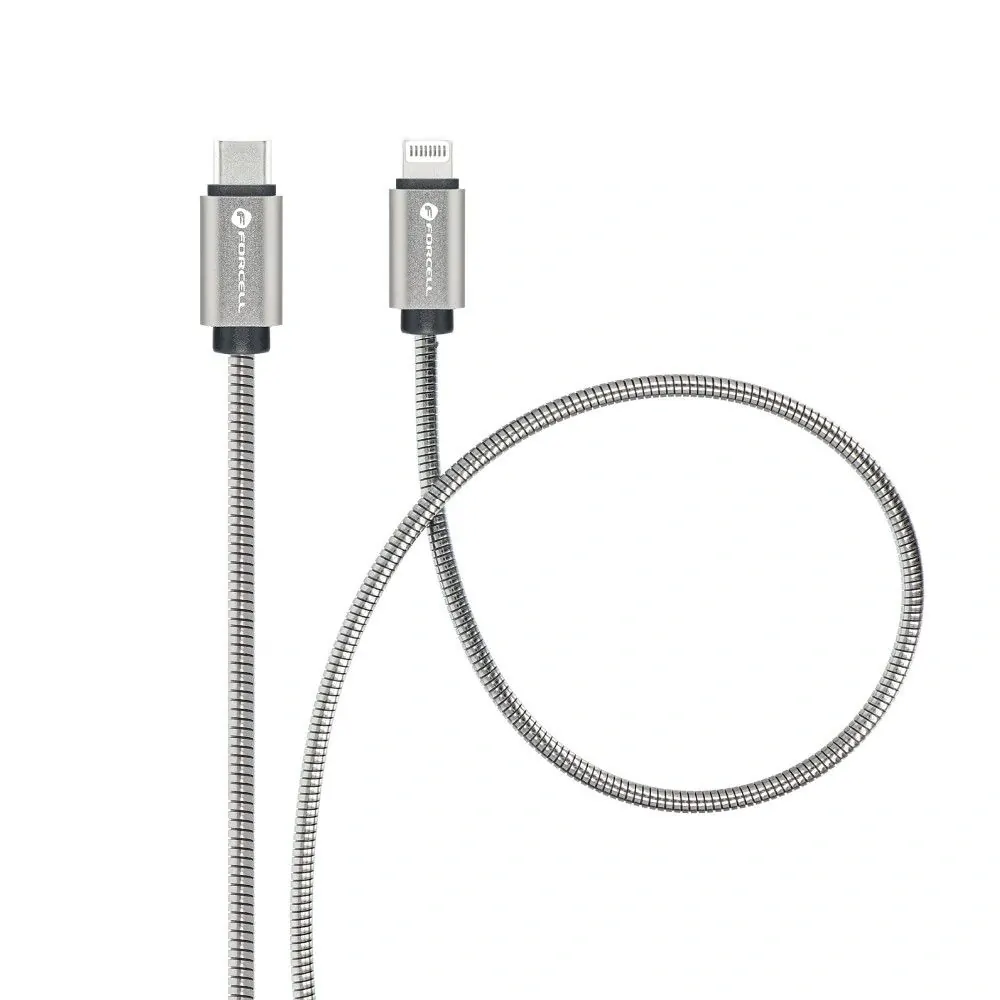 Datový kabel FORCELL F-Energy s konektorem Lightning - USB-C QC3.0 PD 27W, 1m, stříbrný