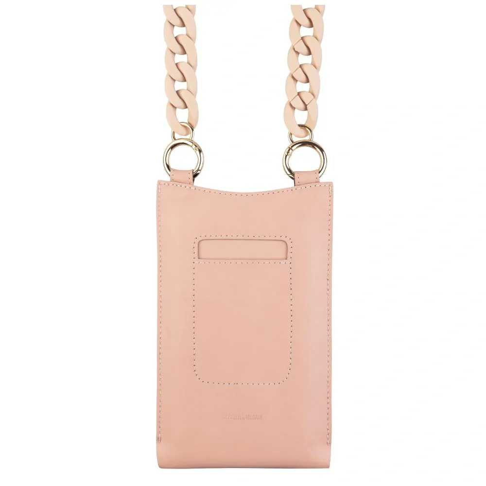 Crossbody kožená taštička přes rameno s kapsičkou FIXED Venezia s černým řetízkem pro mobily do 7" - pudrově růžová