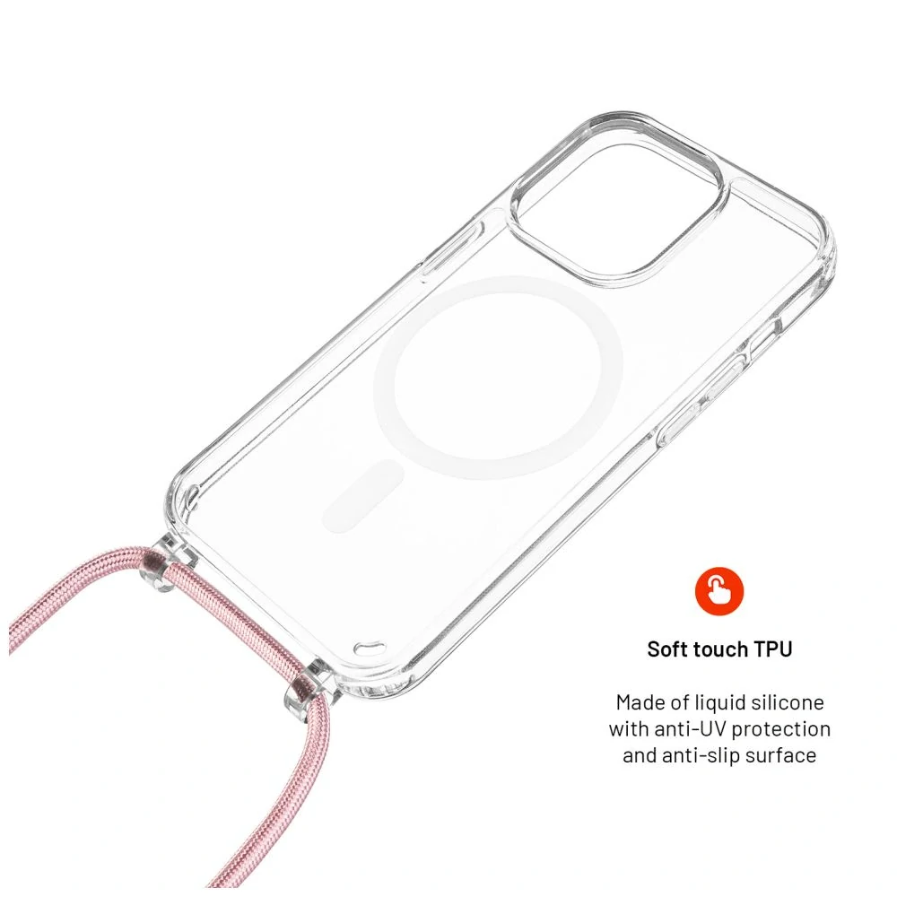 FIXED MagPure Neck Crossbody pouzdro s MagSafe a růžovou šňůrkou na krk pro Apple iPhone 16 Pro