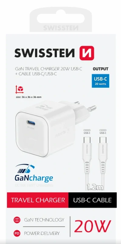 Nabíječka do sítě GaN 1x USB-C 20W POWER DELIVERY , 1,2m - bílá
