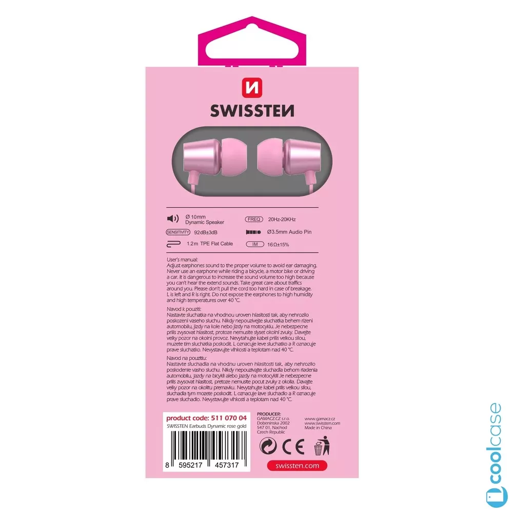 Sluchátka do uší SWISSTEN EARBUDS DYNAMIC YS500, 3,5mm jack, růžová
