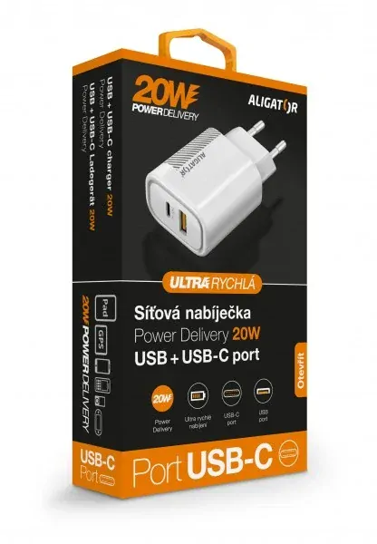 Chytrá nabíječka do sítě ALIGATOR Power Delivery 20W - USB-C + USB výstup, bez kabelu (lze použít i pro iPhone 12, 13, 14) bílá