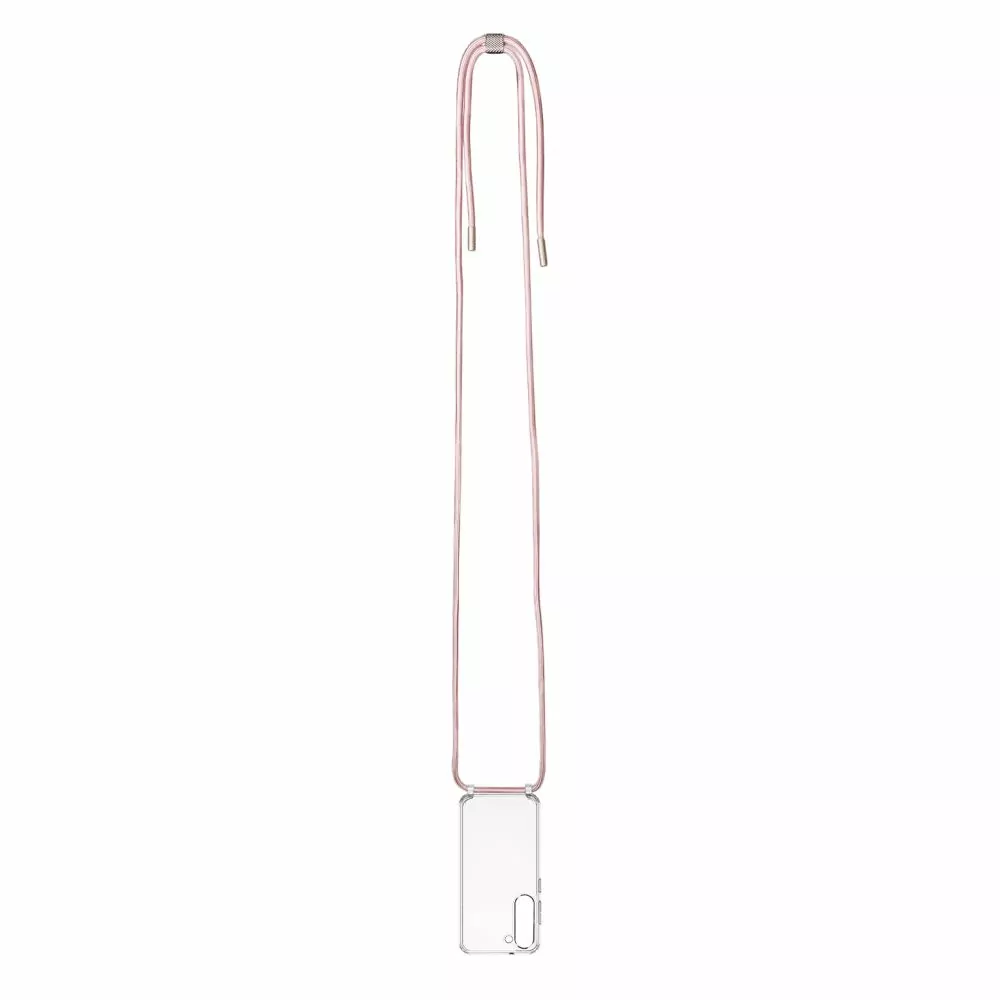 Pevné silikonové pouzdro FIXED Pure Neck Crossbody na mobil Samsung Galaxy S24 Plus s popruhem přes rameno - čiré - růžová šňůrka
