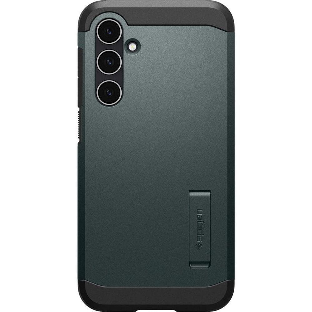Odolné silikonové pouzdro SPIGEN Tough Armor na mobil Samsung Galaxy S23 FE tmavě zelené se stojánkem