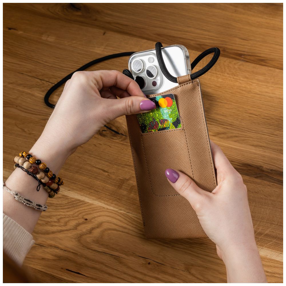 Crossbody taštička přes rameno s kapsičkou FIXED Verona s černou šňůrkou pro mobily do 7" - tmavě zelená