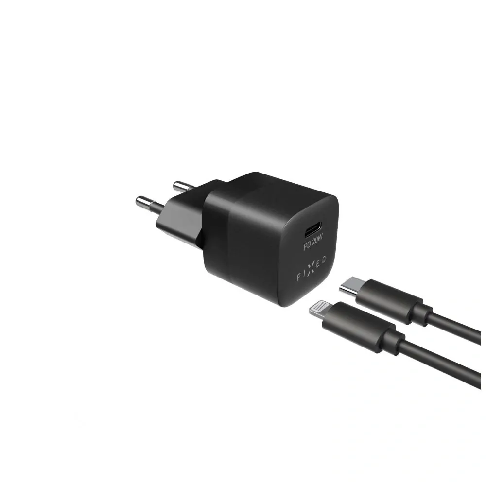 Rozpojitelná nabíječka do sítě FIXED Mini s USB-C výstupem a USB-C/Lightning kabelu, podpora PD, 1 metr, MFI, 20W, černá