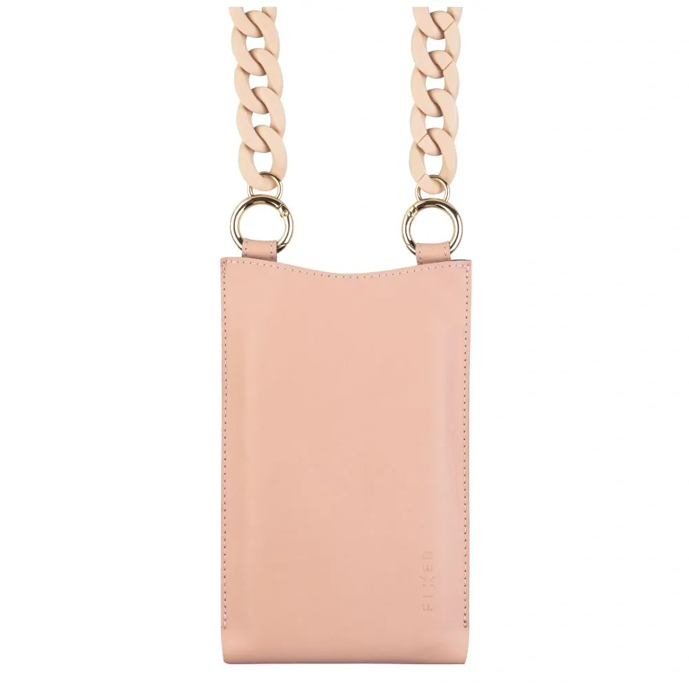 Crossbody kožená taštička přes rameno s kapsičkou FIXED Venezia s černým řetízkem pro mobily do 7" - pudrově růžová