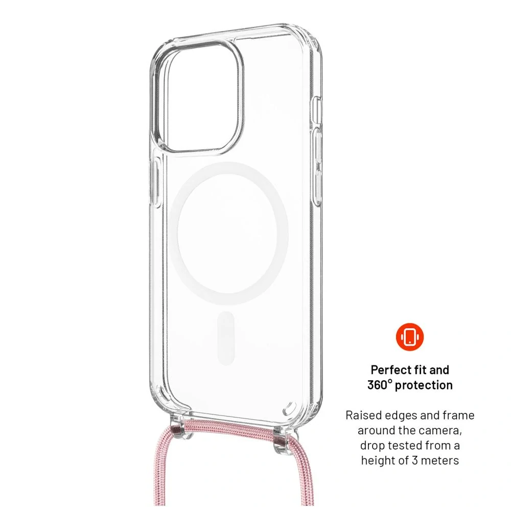 FIXED MagPure Neck Crossbody pouzdro s MagSafe a růžovou šňůrkou na krk pro Apple iPhone 16 Pro