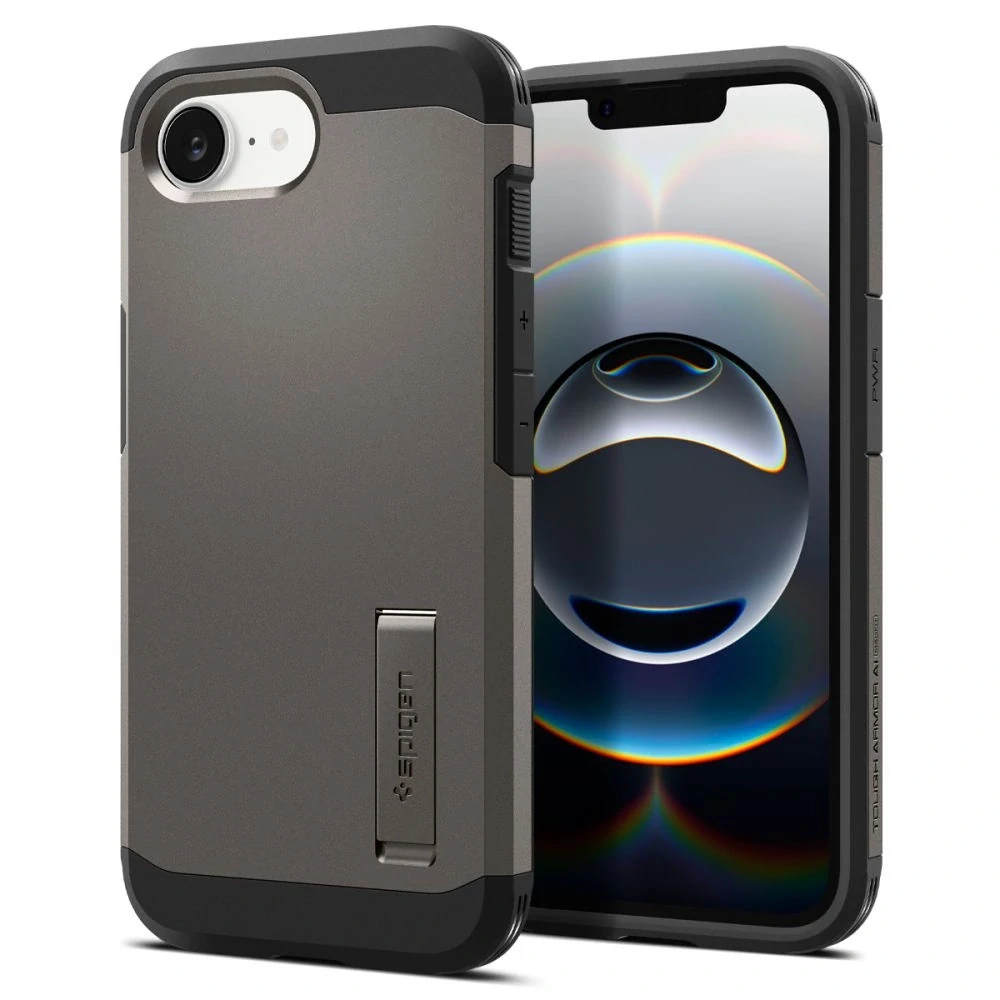 Spigen Tough Armor MagSafe iPhone 16e / iPhone 17e šedý se stojánkem