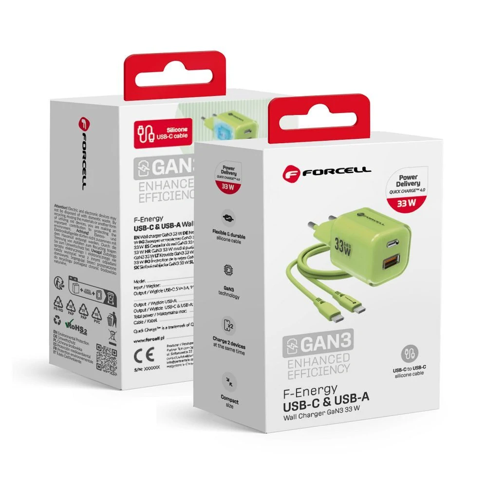 Nabíječka Forcell GaN III 33W + USB-C kabel - zelená