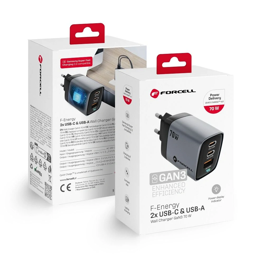 Rychlá nabíječka Forcell F-Energy GaN III 70W 2x USB-C + USB-A - šedá s LCD