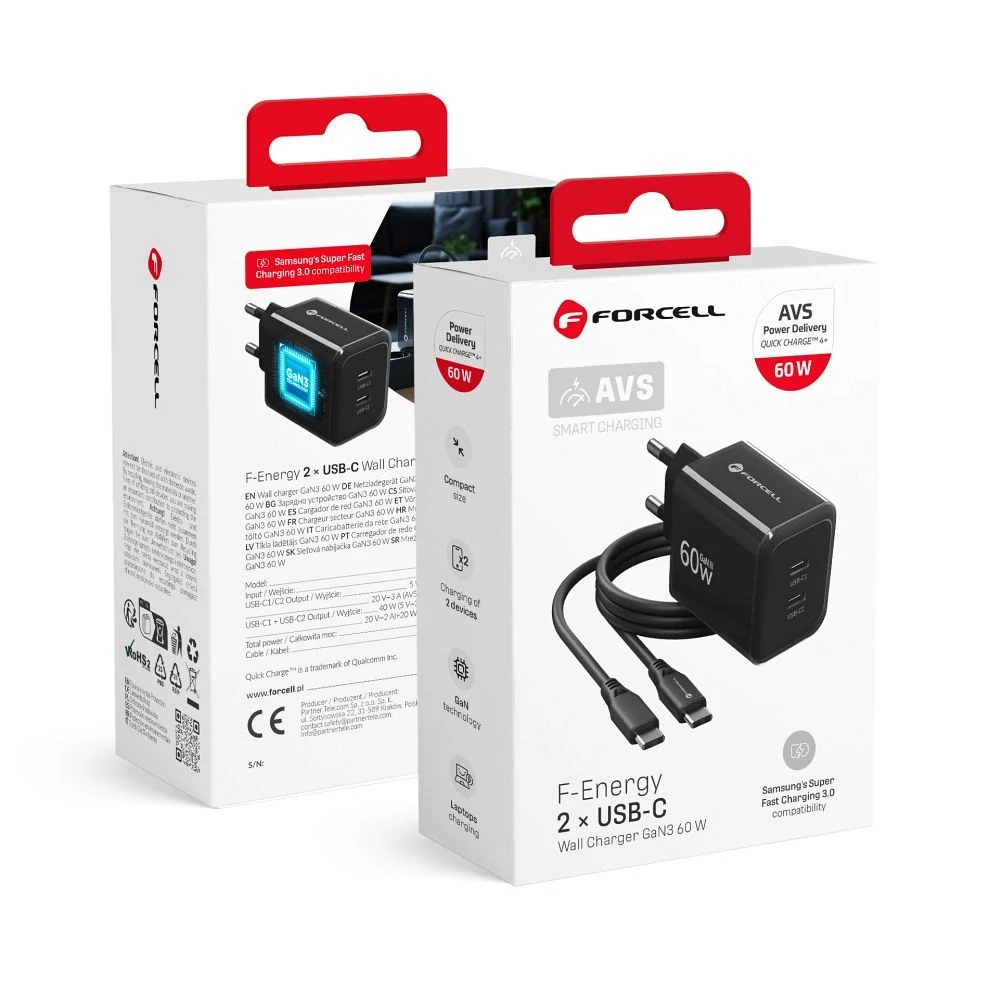 Nabíječka GaN 60W 2x USB-C Forcell F-Energy VT-60 + kabel USB-C, černá