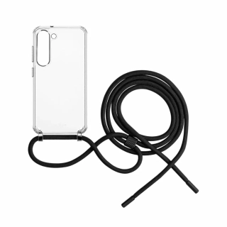 Pevné silikonové pouzdro FIXED Pure Neck Crossbody na mobil Samsung Galaxy S24 s popruhem přes rameno - čiré - černá šňůrka