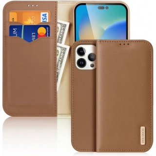 Pěkné kožené flip pouzdro Dux Ducis Hivo na mobil Apple iPhone 14 Pro Hnědé