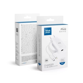 Rozpojitelná rychlá nabíječka do sítě Blue Star (1492) s konektorem Apple Lightning - USB-C 3A 18W QC 4.0 a PD pro iPhone 12, iPhone 11, iPhone XS
