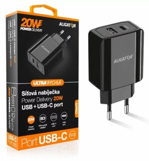 Chytrá nabíječka do sítě ALIGATOR Power Delivery 20W - USB-C + USB výstup, bez kabelu (lze použít i pro iPhone 12)