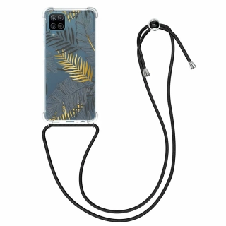 Pevné silikonové pouzdro kwmobile Crossbody na mobil Samsung Galaxy A12 / M12 čiré s popruhem Palm Leaves
