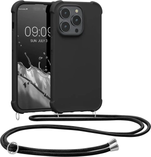 Pevné silikonové pouzdro kwmobile Crossbody na mobil Apple iPhone 14 Pro černé s popruhem přes rameno nebo na krk