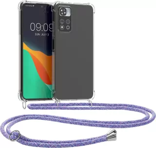 Pevné silikonové pouzdro kwmobile Crossbody na mobil Xiaomi Redmi Note 11 Pro 5G čiré s fialovým popruhem přes rameno nebo na krk