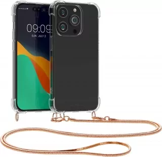 Pevné silikonové pouzdro kwmobile Crossbody na mobil Apple iPhone 14 Pro čiré s kovovým popruhem přes rameno nebo na krk - Rose Gold