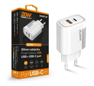 Chytrá nabíječka do sítě ALIGATOR Power Delivery 20W - USB-C + USB výstup, bez kabelu (lze použít i pro iPhone 12, 13, 14) bílá