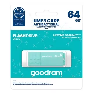 Fleška USB Flash disk GOODRAM UMM3 s kapacitou 64 GB USB 3.0 s konektorem USB a krytkou s antibakteriální ochranou Biomaster