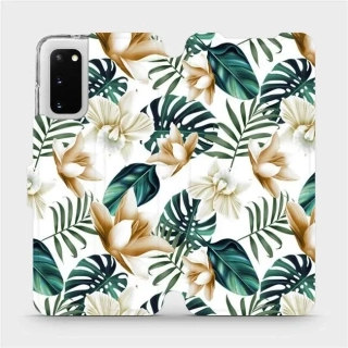 Flipové pouzdro Mobiwear na mobil Samsung Galaxy S20 - MC07P Zlatavé květy a zelené listy - VÝPRODEJ