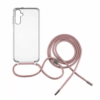 Pevné silikonové pouzdro FIXED Pure Neck Crossbody na mobil Samsung Galaxy A14 5G / LTE s popruhem přes rameno - čiré - růžová šňůrka