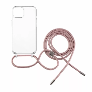 Pevné silikonové pouzdro FIXED Pure Neck Crossbody na mobil Apple iPhone 15 Plus s popruhem přes rameno - čiré - růžová šňůrka