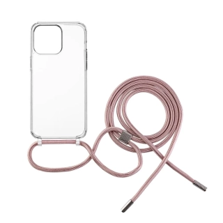 Pevné silikonové pouzdro FIXED Pure Neck Crossbody na mobil Apple iPhone 15 Pro s popruhem přes rameno - čiré - růžová šňůrka