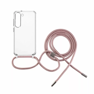 Pevné silikonové pouzdro FIXED Pure Neck Crossbody na mobil Samsung Galaxy S24 Plus s popruhem přes rameno - čiré - růžová šňůrka