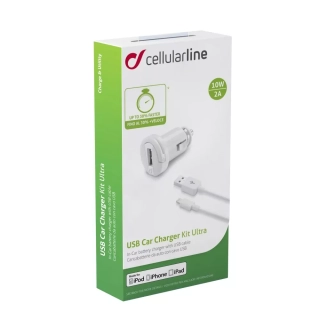Univerzální nabíječka do auta CELLULARLINE Ultra v setu s datovým kabelem s konektorem Lightning MFI, 1xUSB, 2A, bílá