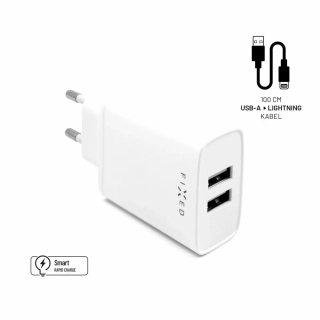 Rozpojitelná nabíječka do sítě FIXED s 2xUSB výstupem a USB/Lightning kabelu, 1m, MFI certifikace, 15W Smart Rapid Charge, bílá