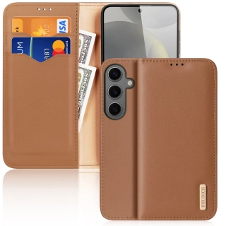 Pěkné kožené flip pouzdro Dux Ducis Hivo na mobil Samsung Galaxy S24 Plus Hnědé