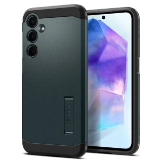 Odolné silikonové pouzdro SPIGEN Tough Armor na mobil Samsung Galaxy A35 5G - zelené se stojánkem