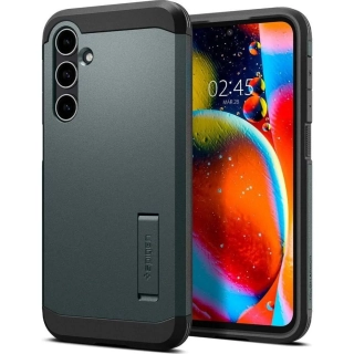 Odolné silikonové pouzdro SPIGEN Tough Armor na mobil Samsung Galaxy S23 FE tmavě zelené se stojánkem