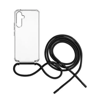 Crossbody pouzdro FIXED Pure Neck - Samsung Galaxy A15 / A15 5G s popruhem přes rameno - čiré - černá šňůrka