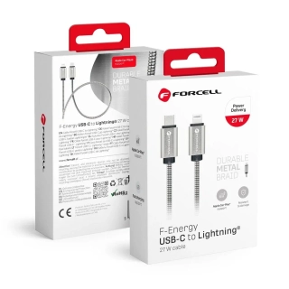 Datový kabel FORCELL F-Energy s konektorem Lightning - USB-C QC3.0 PD 27W, 1m, stříbrný