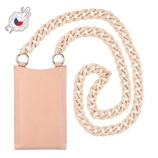 Crossbody kožená taštička přes rameno s kapsičkou FIXED Venezia s černým řetízkem pro mobily do 7" - pudrově růžová