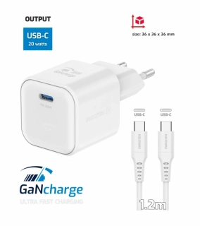 Nabíječka do sítě GaN 1x USB-C 20W POWER DELIVERY , 1,2m - bílá