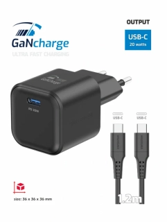 Nabíječka Swissten do sítě GaN 1x USB-C 20W POWER DELIVERY , 1,2m - černá